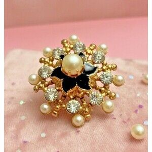 Vintage Gold Tone Pearl & Rhinestone Floral Brooch – Black Enamel – 1”